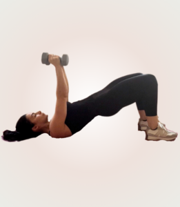 Dumbbell chest press in bridge position on Core Moms Pre pregnancy workout